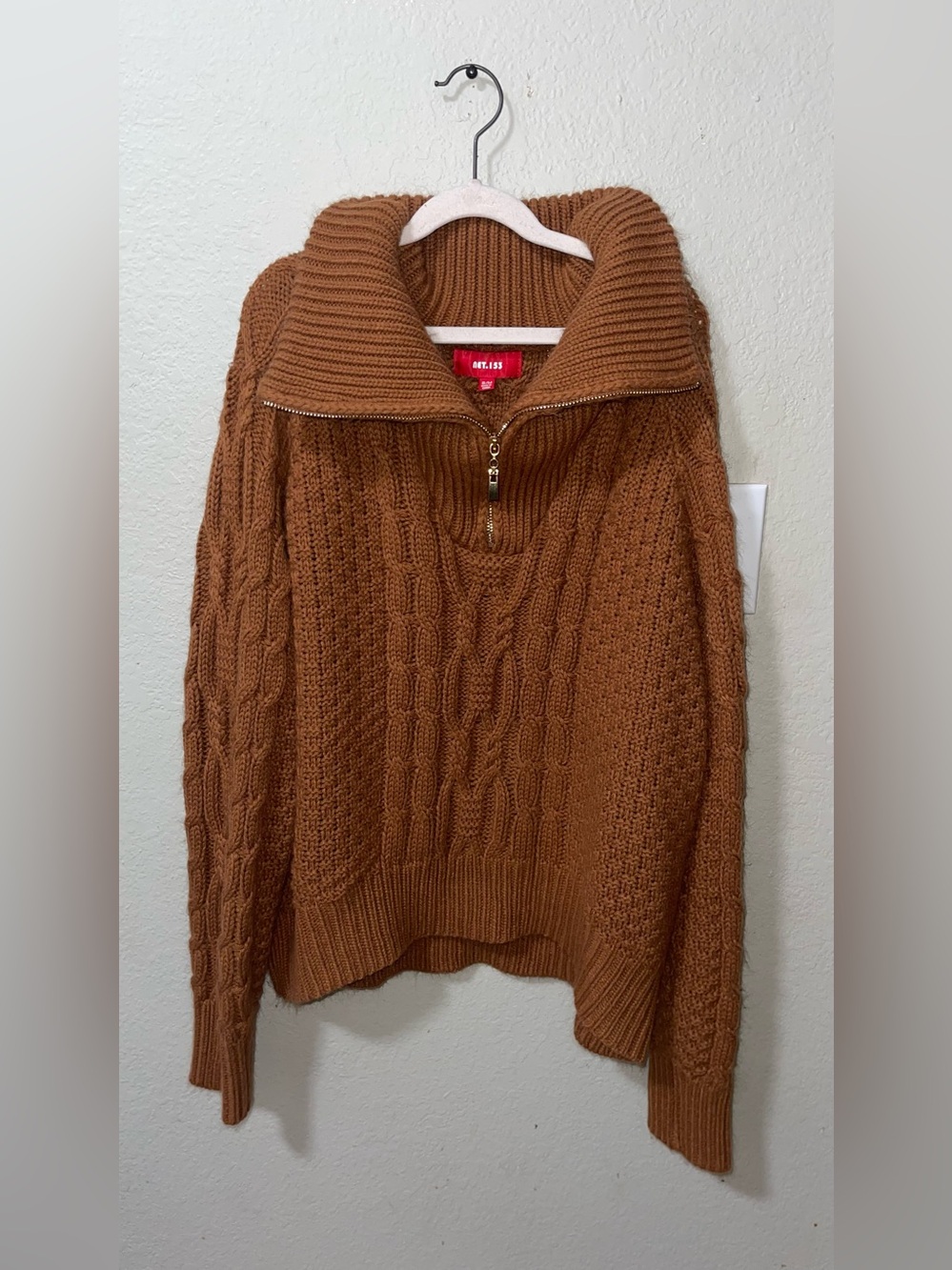 Cable Knit Half-Zip Cowl Sweater in Caramel Brown